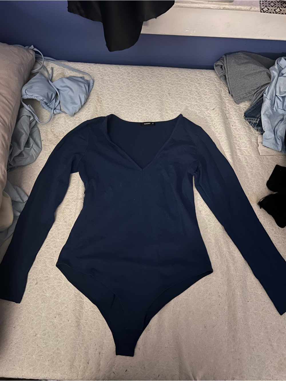 Blue V-Neck Bodysuit for Short Torso
